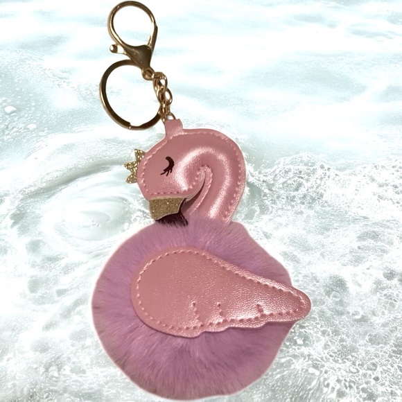 Flamingo Pink, Purple, & Gold Faux Fur Rhinestone-Encrusted Key Chain, Bag, Car - Picture 5 of 5